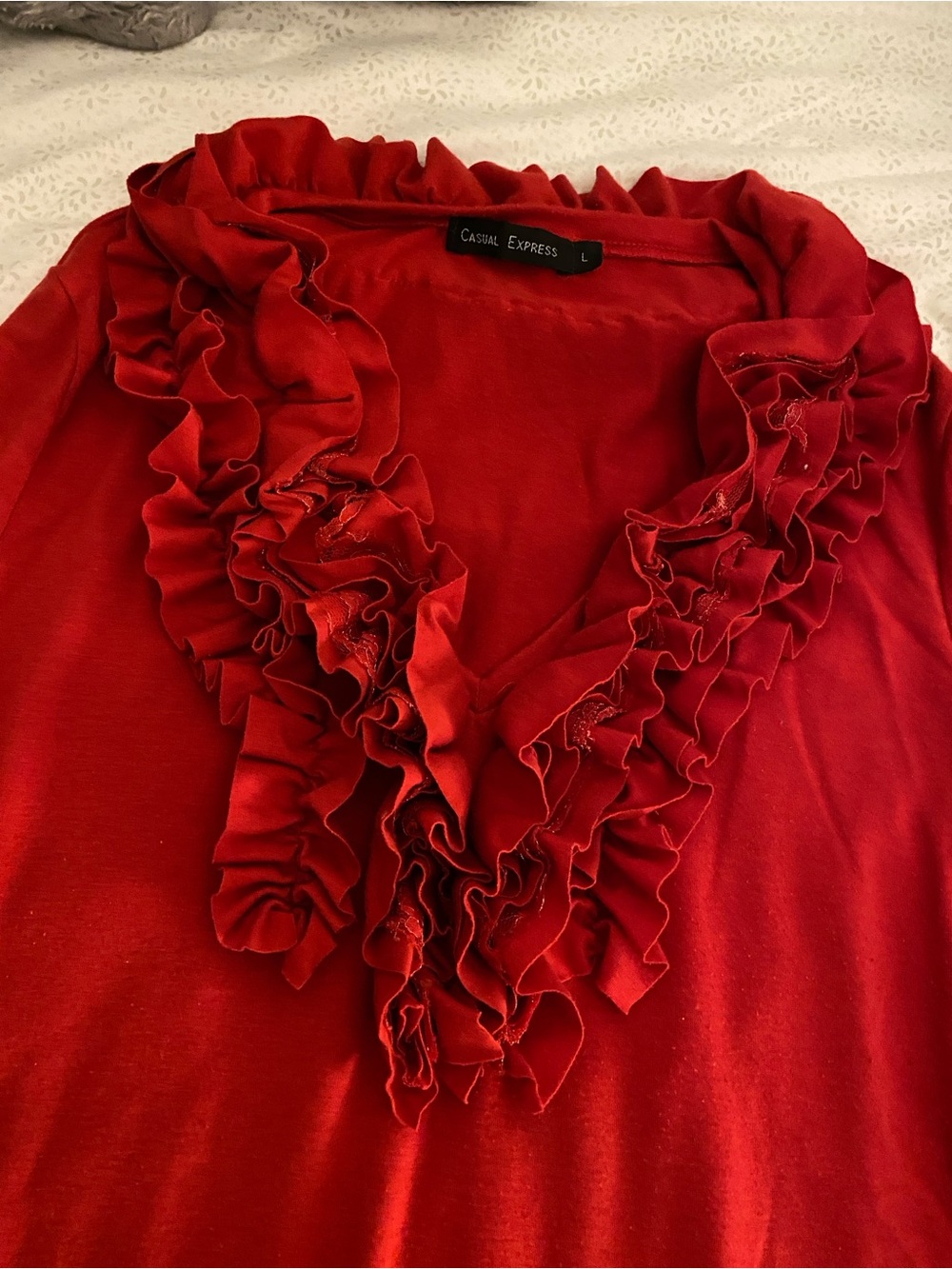 Red Ruffle V-Neck Long Sleeve Top